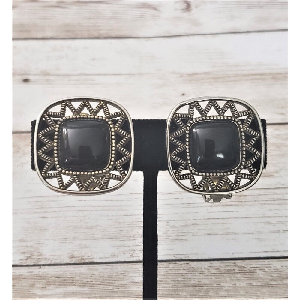 Vintage Clip On Earrings Black Rounded Square Shape with Unusual Halo Large