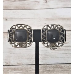 Vintage Clip On Earrings Black Rounded Square Shape with Unusual Halo Large
