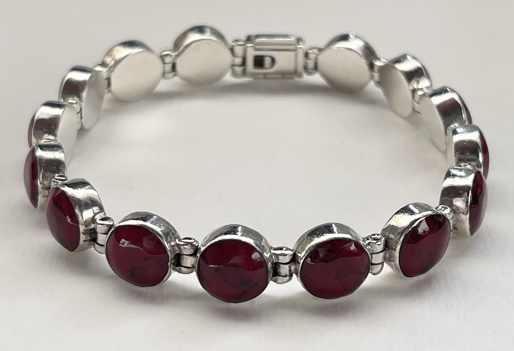 Vintage Sterling Silver Taxco Mexico 950 Red Jasper Hinged Links Bracelet 30g 7”