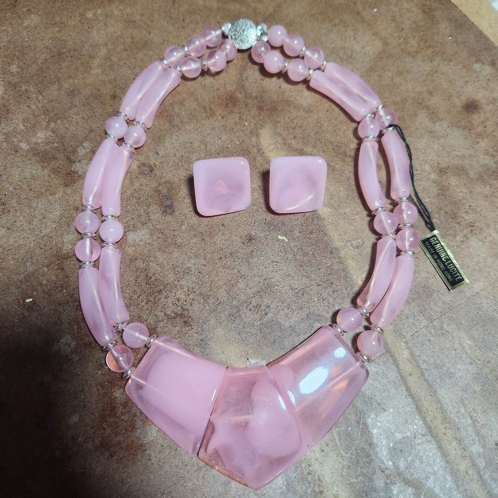 Vtg 80’s Pink Lucite Necklace Earring Set Hong Kong Moonglow Geometric Statement
