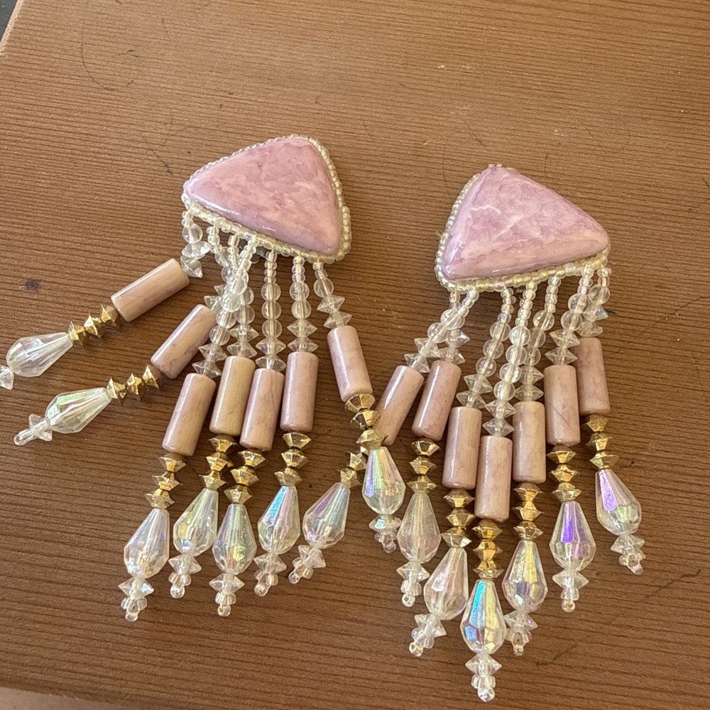 Big Large Beaded Dangle Drop Clip On Earrings Pink