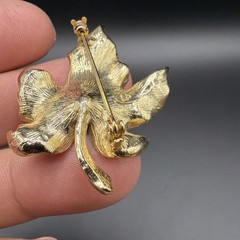 Vintage Gold Tone Maple Leaf Brooch Pin with Faux Black Pearl Center, 1960s