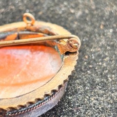 CAMEO brooch antique pink white trombone clasp brass frame heavy verdigris