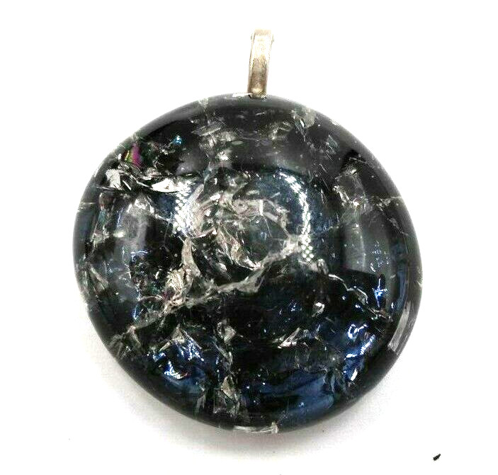 Beautiful Artisan Handmade 1.5″ Round Art Glass Black & Clear Pendant