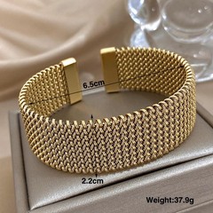 Vintage Weave Gold Cuff Bracelet Women Stainless Steel Chunky Bangle Waterproof