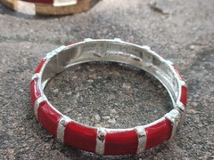 2 Vintage Hinged Bangle Bracelets with Red Enamel 1 Gold Tone 1 Silver Tone 80’s