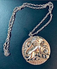 Silver Lion Leo Necklace Medallion Gothic Zodiac Pendant 30” Chain Cosplay Vtg
