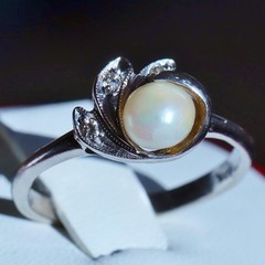10k white gold size 6.75 ring 5.3mm cultured pearl natural diamond antique 2.28g