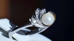 10k white gold size 6.75 ring 5.3mm cultured pearl natural diamond antique 2.28g