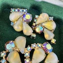 Vintage Opaline Brooch Earrings Set Juliana Kramer Style AB Rhinestone Glass