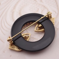 Vintage Black Resin Clear Rhinestone Ring Gold Tone Pin Brooch