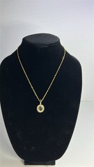 Gold Tone Blue Oval Rhinestone Halo Pendant Necklace Elegant Vintage Style