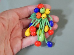 Vintage Signed Czechoslovakia Czech Glass Fruit Bead Dangle Drop Brooch Pin
