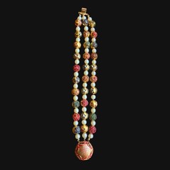Vintage brass Beaded bracelet Gold Red & Green Metallic Accents & Faux Pearls