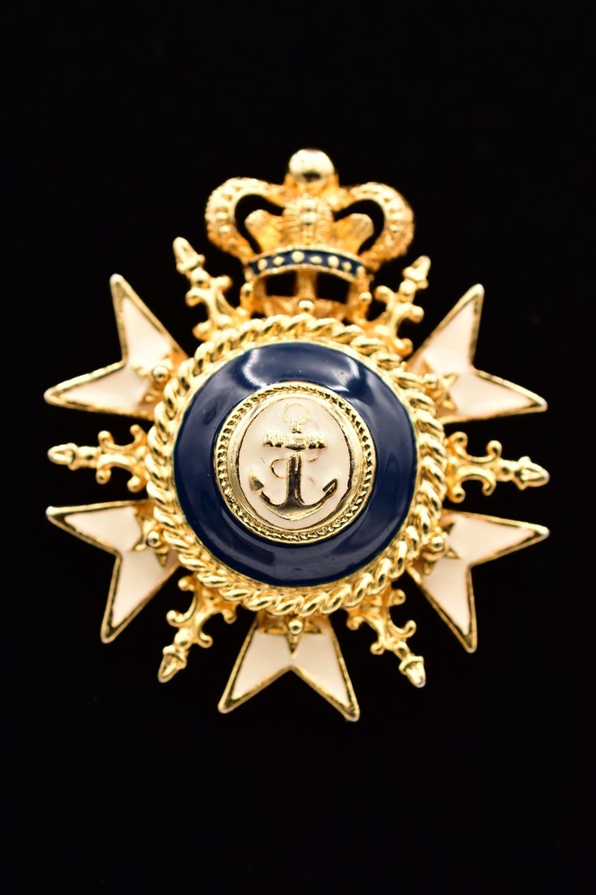 Vintage Crown Anchor Brooch Blue Enamel Crest Military Nautical Pin 1980s BinAL