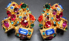 MIRIAM HASKELL Colorful Rhinestone Vintage Clip Earrings