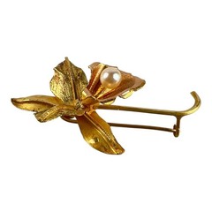 Vintage 18K Yellow & Pink Gold Orchid Pin Genuine Pearl Brooch 3.1g Fine Jewelry