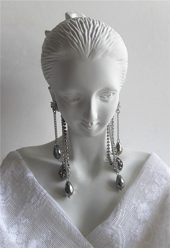 DUAL 1 OR 2 PAIR CRYSTAL RHINESTONE & GRAY HEMATITE CHANDELIER PIERCED EARRINGS