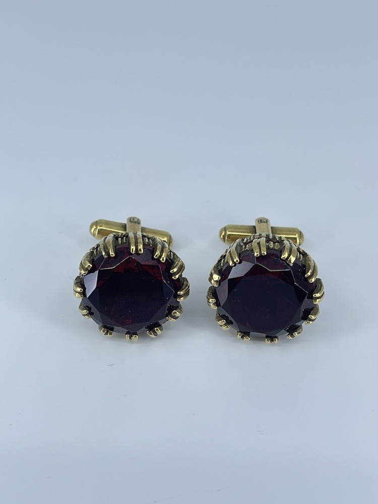 Red Glass cufflinks Faceted round prong set open gold tone 1-1/8″