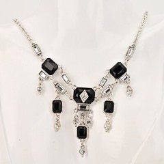 Original Vintage Designer Silver Onyx Zirconia Rhinestone Gemstone Necklace