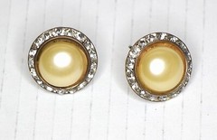 Vntg Clip-on Earrings Round Pearl Jelly Belly Center Rhinestones Costume Jewelry