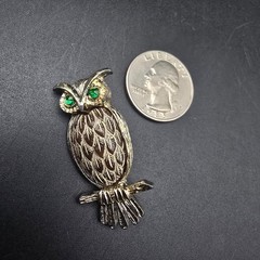 Owl Bird Brooch Brown Belly Green Rhinestone Eyes Gold Tone Animal Vintage