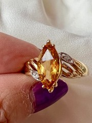 VINTAGE SOLID 14K YELLOW GOLD MARQUISE NAVETTE GOLDEN HONEY CITRINE DIAMOND RING