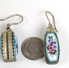 Vtg Russian Rostov Finift Porcelain Enamel Drop Dangle Earrings Double Sided