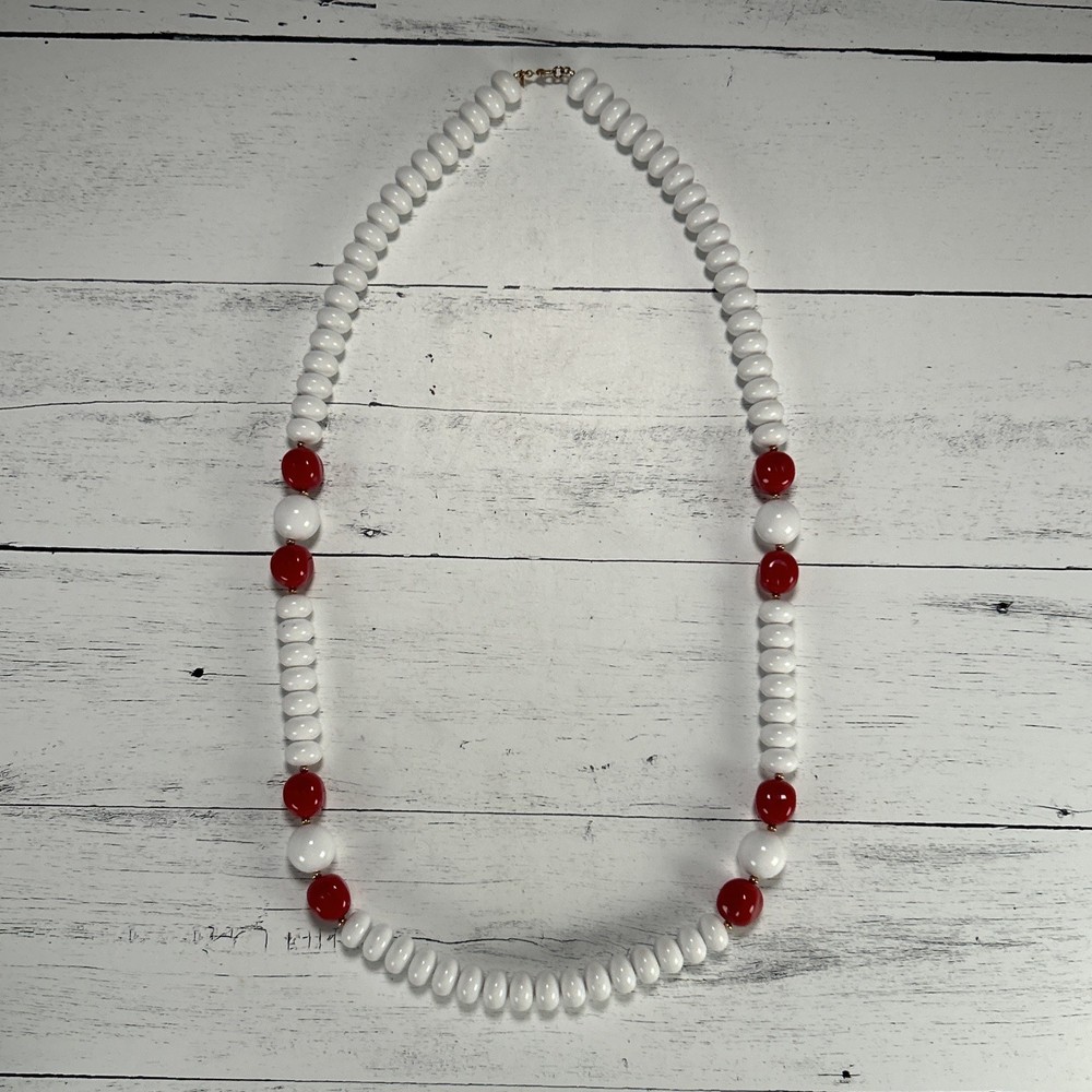 Vintage White Lucite Beaded Necklace Red Accents 1970s-1980s Costume Jewelry