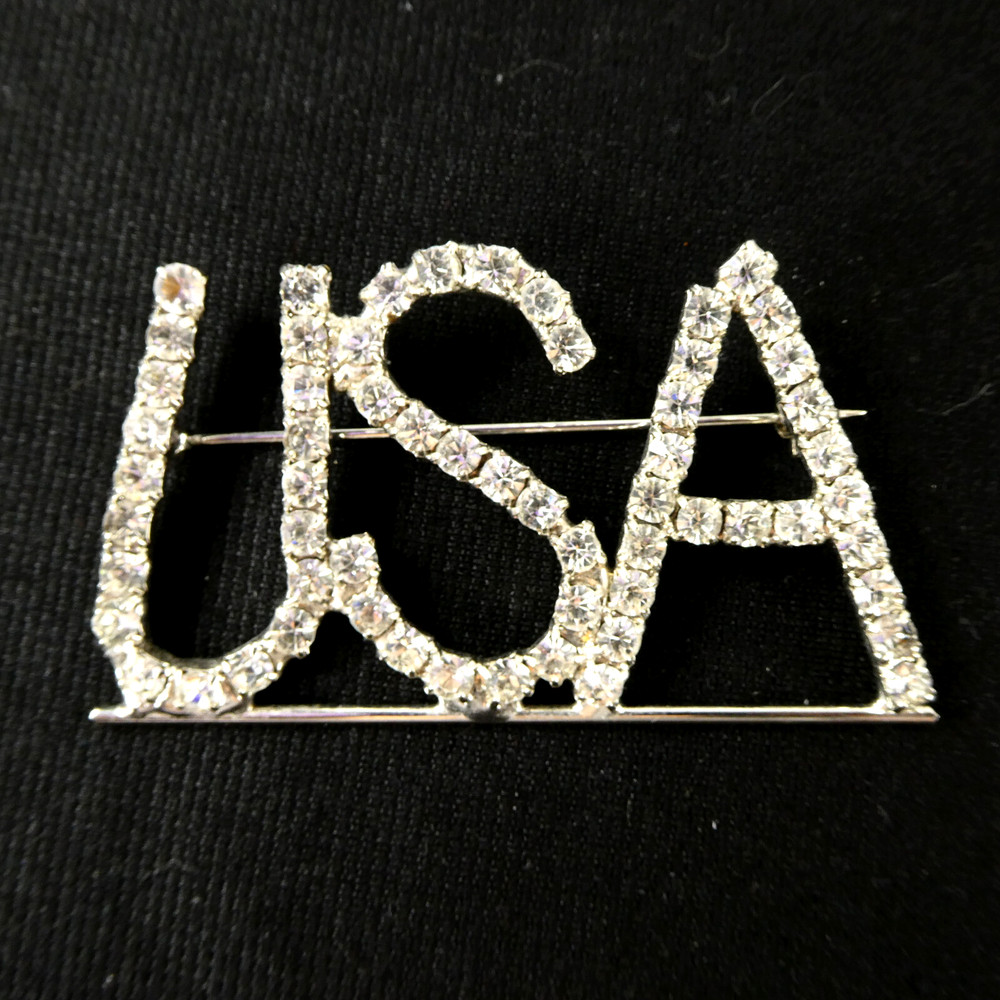 Huge Vintage USA Rhinestone Pin Brooch Patriotic Jewelry Clear Prong Set Stones