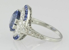Art Deco Blue Sapphire & Lab Created Diamond 925 Sterling Silver Wedding Ring