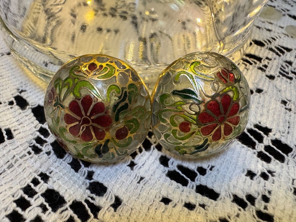 Plique-à-jour / Cloisonné style VINTAGE Enamel DOME Button PIERCED EARRINGS
