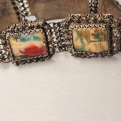 Vintage Swiss Enamel Asian Cities Bracelet – Filigree Silver Metal 7″ Antique