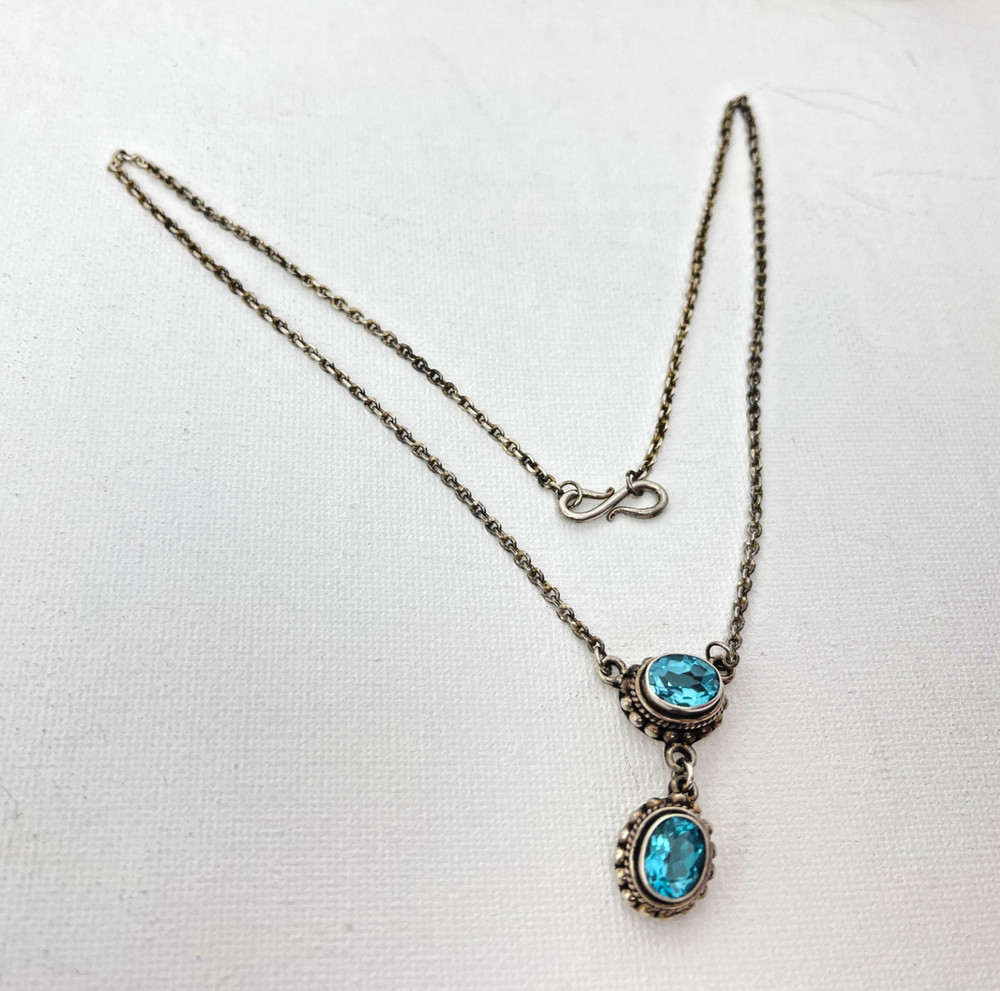 Artisan BALI 925 Sterling Silver Blue Topaz Drop Necklace 16″ – Stamped BA