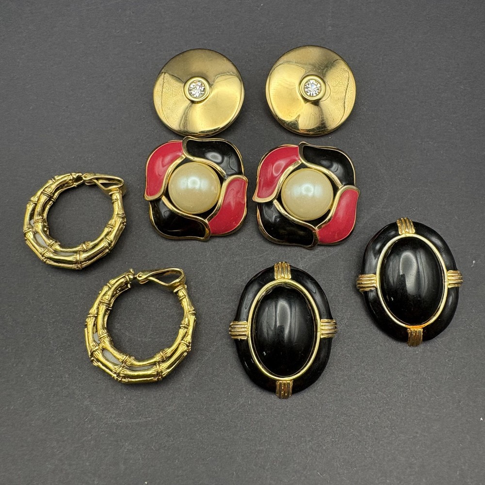 Lot of 4 Pairs Vintage Gold Tone Clip-On Earrings Faux Pearl Enamel Rhinestone