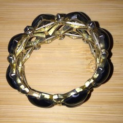 Vintage Geometric Stretch Bracelet Gold Tone Black Acrylic Art Deco Career