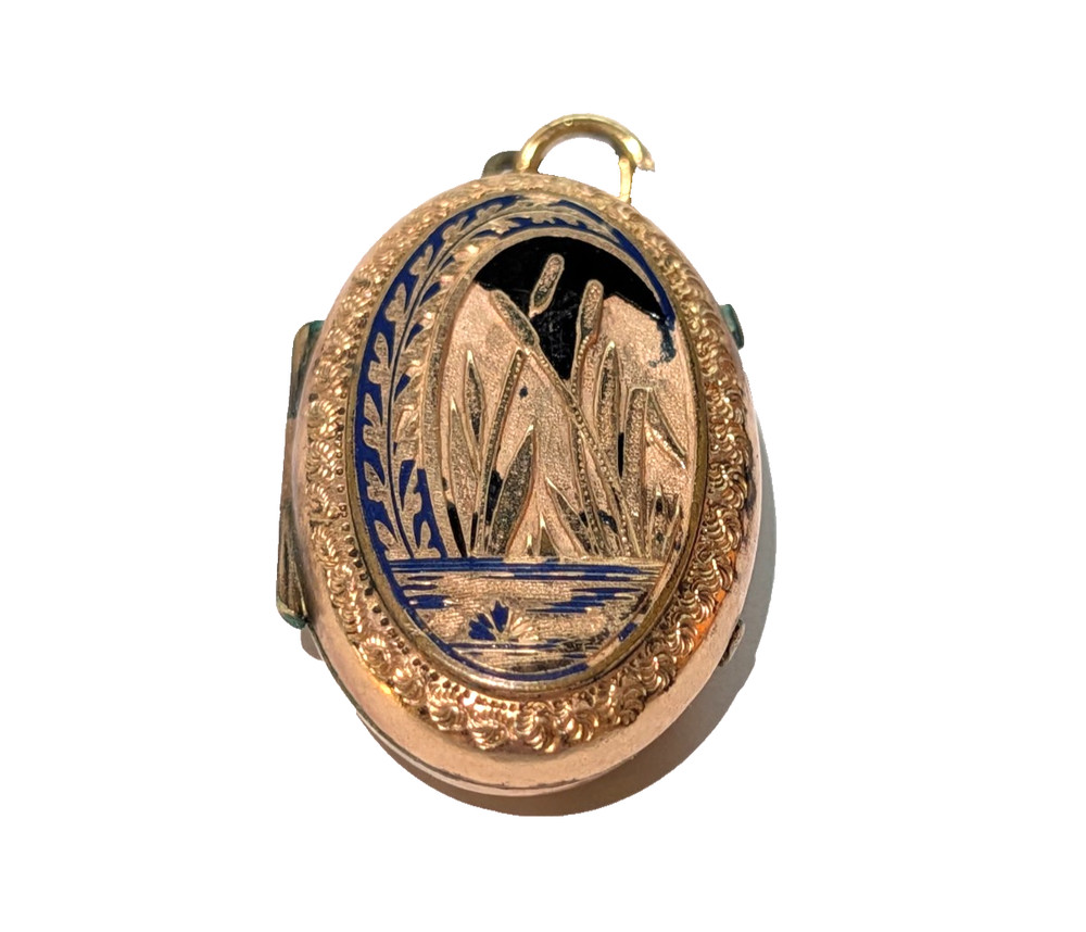 Victorian Basse Taille Enamel Cattails Locket Pendant Sentimental Mourning c1880