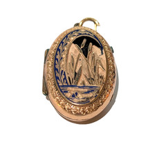 Victorian Basse Taille Enamel Cattails Locket Pendant Sentimental Mourning c1880