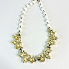 Vintage 50s Bogoff Necklace White Milk Glass Rhinestones Goldtone 16″ Adjustable