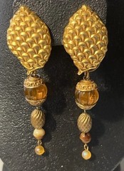 Vtg KATE HINES Signed Convertible Gold Tone Amber Lucite Couture Clip Earrings