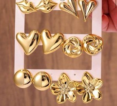 (6 Pairs)Vintage Gold & Silver, Earrings Set Heart Shell Bow Flower Studs