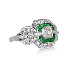 Art Deco Style Asscher Cut Lab Created Diamond & Emerald 14K White Gold FN Ring