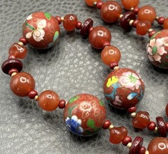 VTG Bird Butterfly Asian Cloisonne Carnelian Bead Hand Knotted Necklace 28”