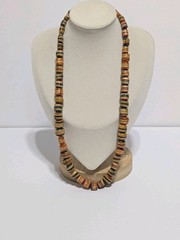Vintage Multicolor Wood Bead Handmade Necklace. Silver Tone End Caps. 21″ BOHO
