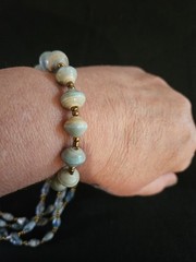 Vintage Necklace And Bracelet Set/ Paper Beads/ Blue And Gold / 29 Inch Long