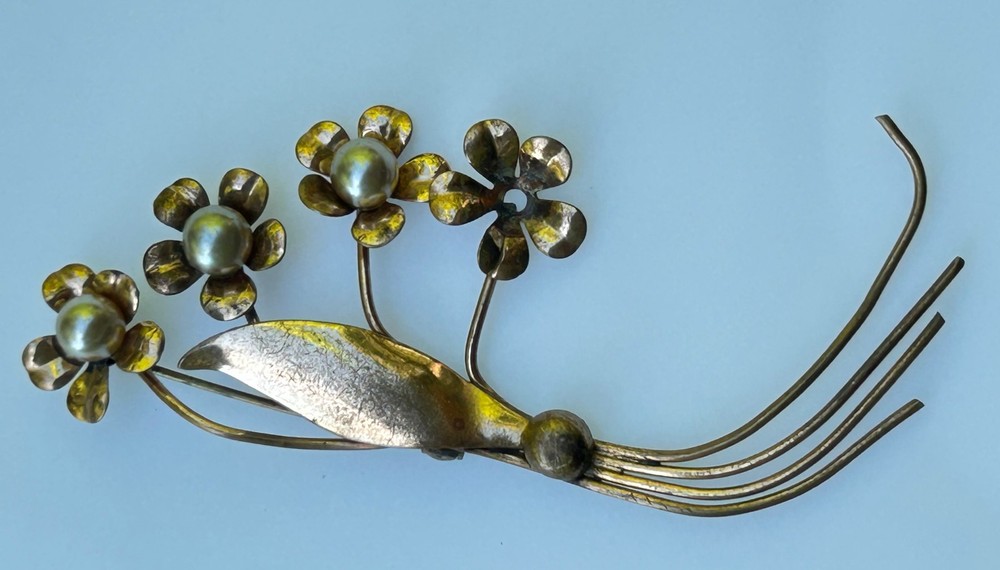 Vintage Floral Spray Brooch Pin Copper Brass Tone Faux Pearl Mid-Century Style