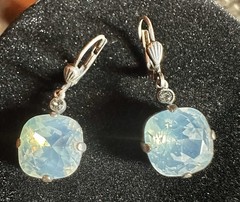 Vintage Glass Opal Rhinestone Silver tone Pierced Earrings, dangles 1.25″