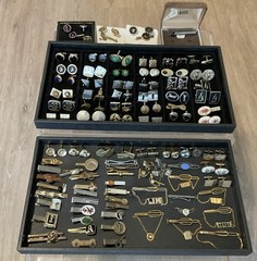 VTG 101 PC MEN’S JEWELRY LOT CUFFLINKS TIE BARS CHAINS TACS & SETS 14 SWANK! +++