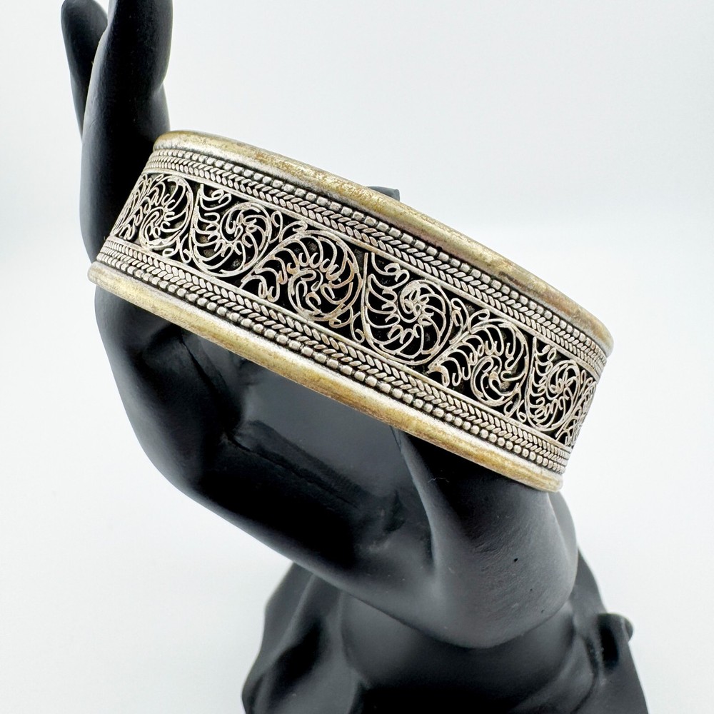 Vintage Nepal Filigree Silver Tone Cuff Hero Retro Bracelet Leaf Swirl