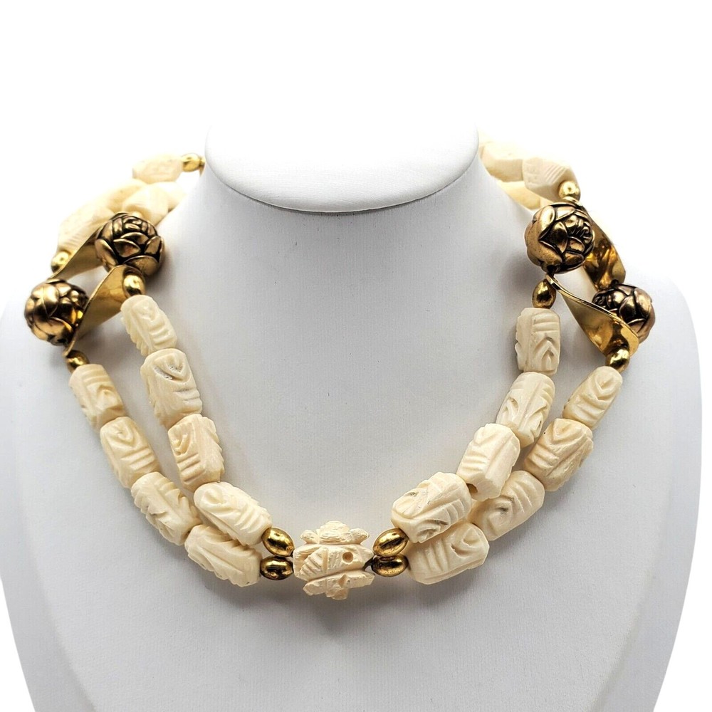 Acrylic Carved Off White Beaded Choker Necklace Brass Tribal Boho Ethnic Rose